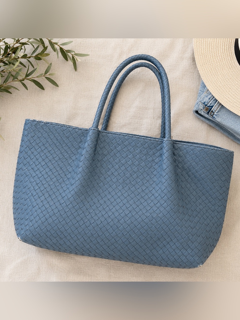 Lulu Dharma | Dusty Light Blue Woven Vegan Leather Tote Bag Large Handbag